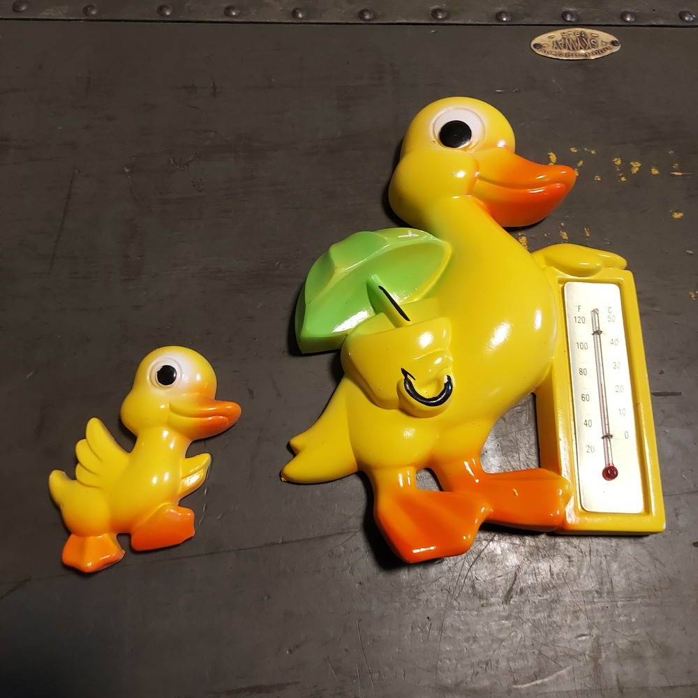 Vintage 1977 Miller Studio Duck Wall Thermometer Chalkware Set 2pc Yellow Retro